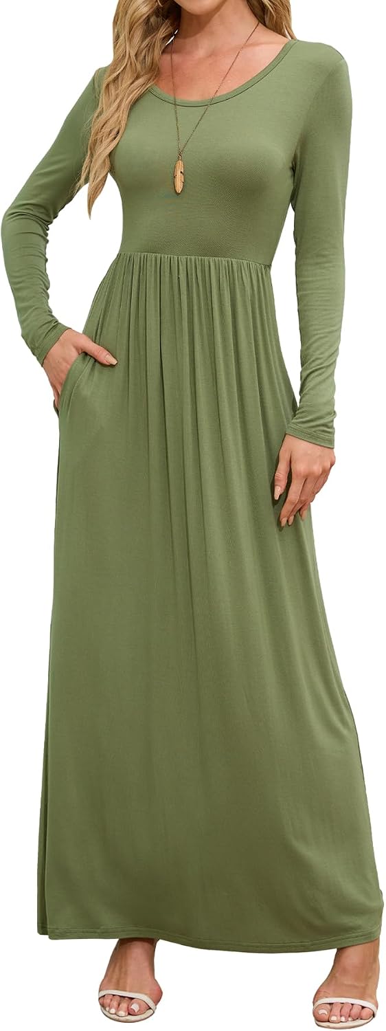 DEARCASE Women's Maxi Dress Long Sleeve Crewneck Empire Waist Long Dresses