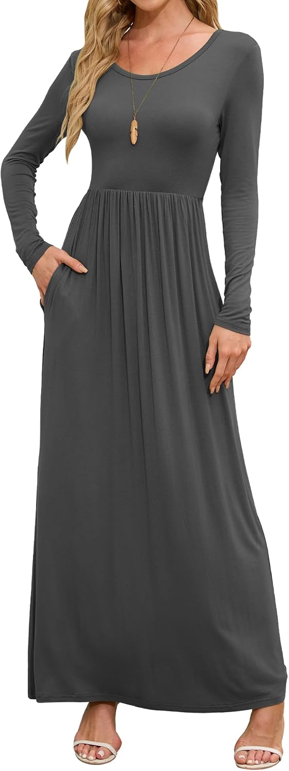 DEARCASE Women's Maxi Dress Long Sleeve Crewneck Empire Waist Long Dresses