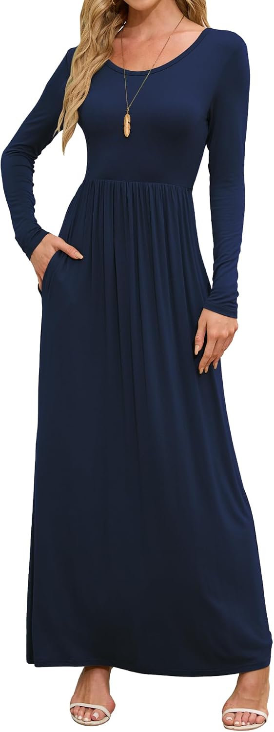 DEARCASE Women's Maxi Dress Long Sleeve Crewneck Empire Waist Long Dresses