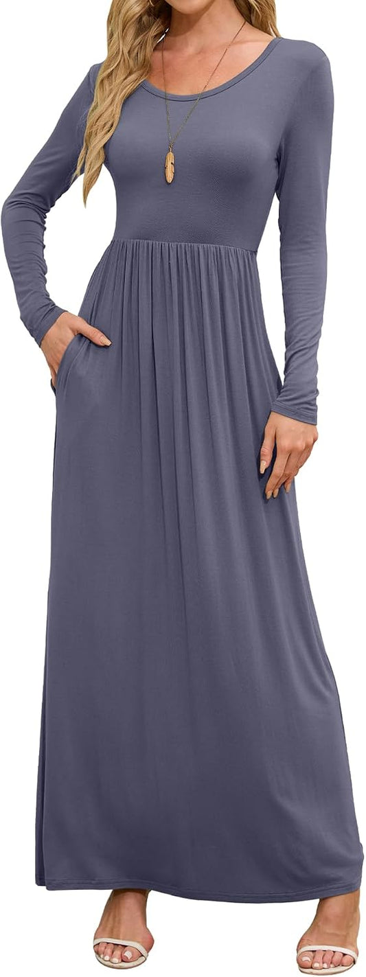 DEARCASE Women's Maxi Dress Long Sleeve Crewneck Empire Waist Long Dresses