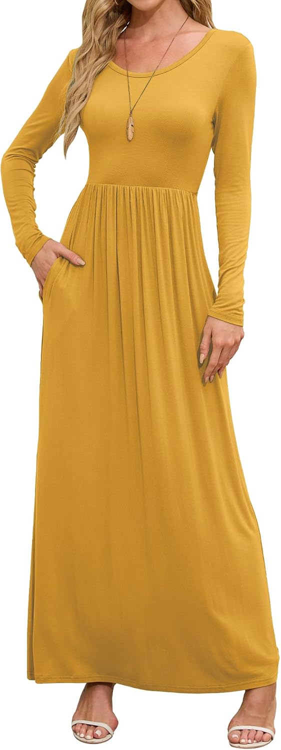 DEARCASE Women's Maxi Dress Long Sleeve Crewneck Empire Waist Long Dresses