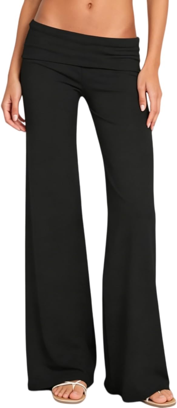 Women's Flare Skinny Pants Fold Over Leggings Stretch