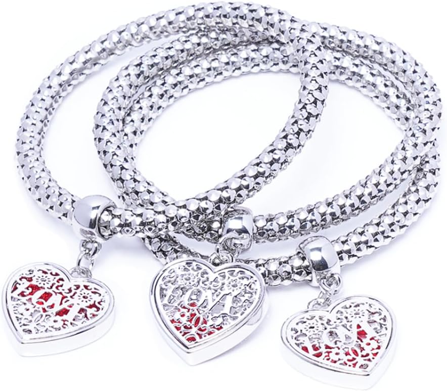SILANER Crystal Charms Multilayer Bracelets - 3PCS Gold/Silver/Rose Gold Corn Chain Bracelet for Women, Tree of Life Heart Shaped Stretch Bracelet