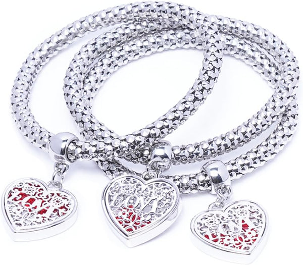 SILANER Crystal Charms Multilayer Bracelets - 3PCS Gold/Silver/Rose Gold Corn Chain Bracelet for Women, Tree of Life Heart Shaped Stretch Bracelet