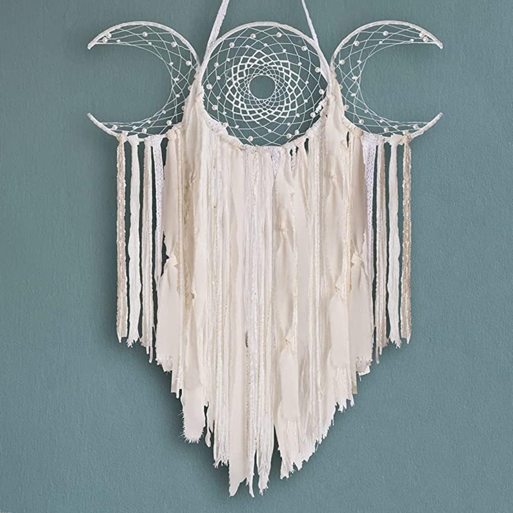 Black Triple Moon Goddess Dream Catcher Macrame Wall Hanging, Pagan Decor