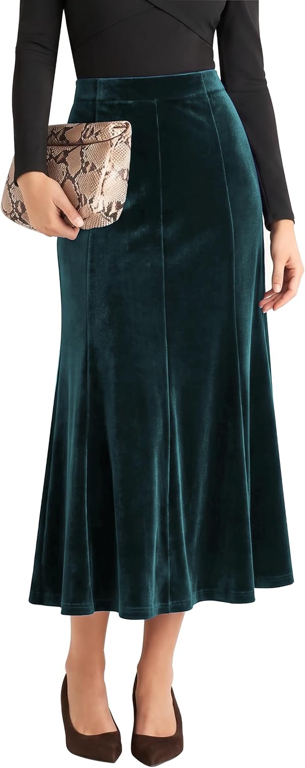 Urban CoCo Women's Velvet A-Line Midi Skirt High-Waisted Stretch