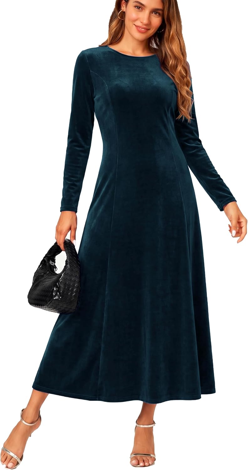 Urban CoCo Women's Elegant Velvet Midi Dress Scoop Neck Long Sleeve Ruched
