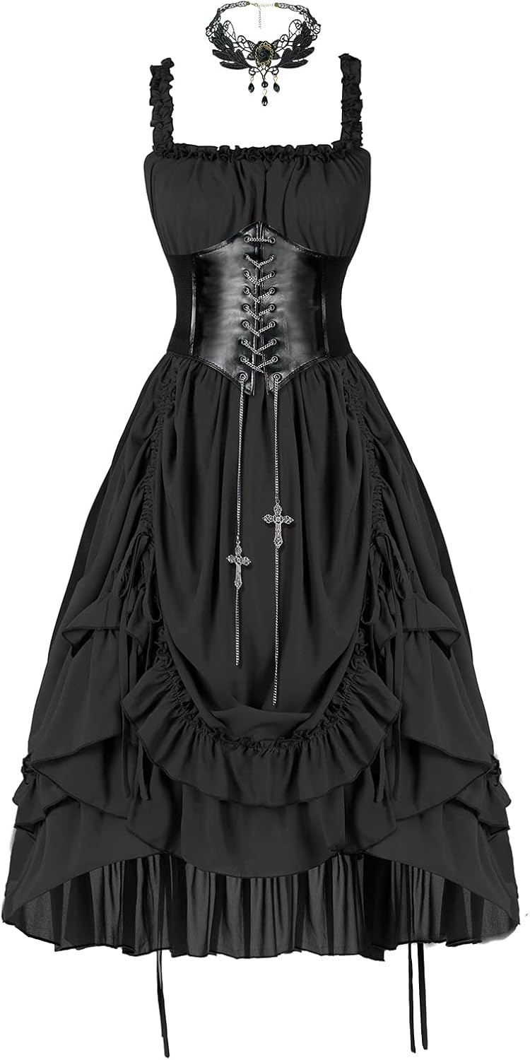 Steampunk Renaissance Costume Dress High Low Corset Midi Dresses