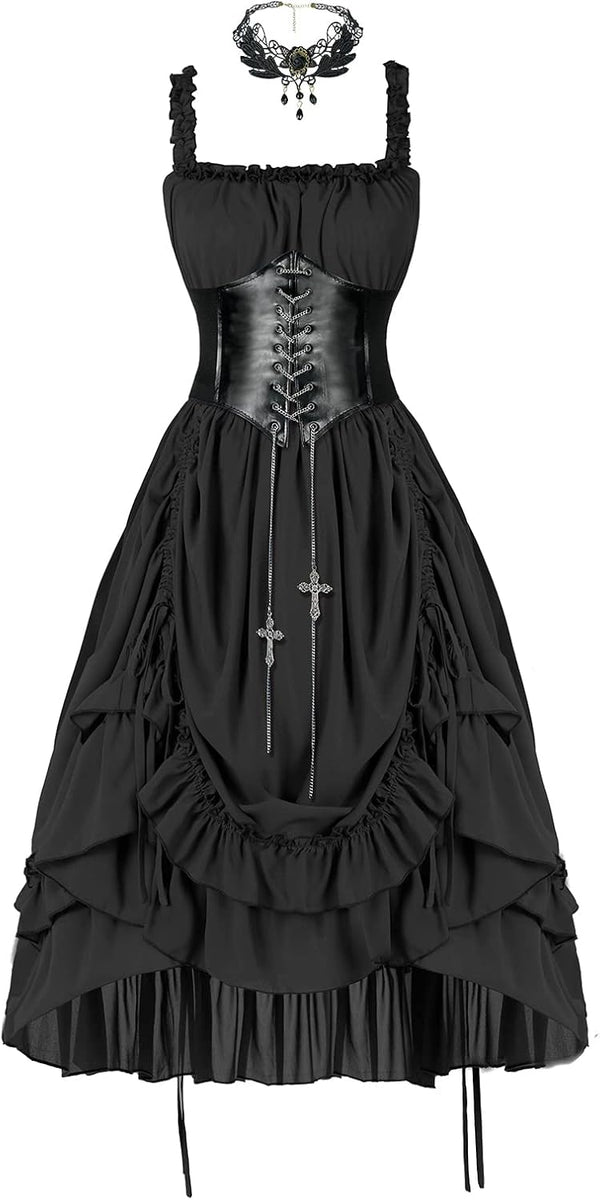 Steampunk Renaissance Costume Dress High Low Corset Midi Dresses
