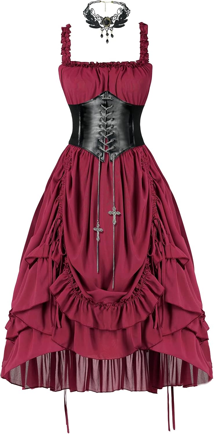 Steampunk Renaissance Costume Dress High Low Corset Midi Dresses