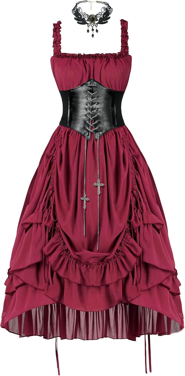 Steampunk Renaissance Costume Dress High Low Corset Midi Dresses