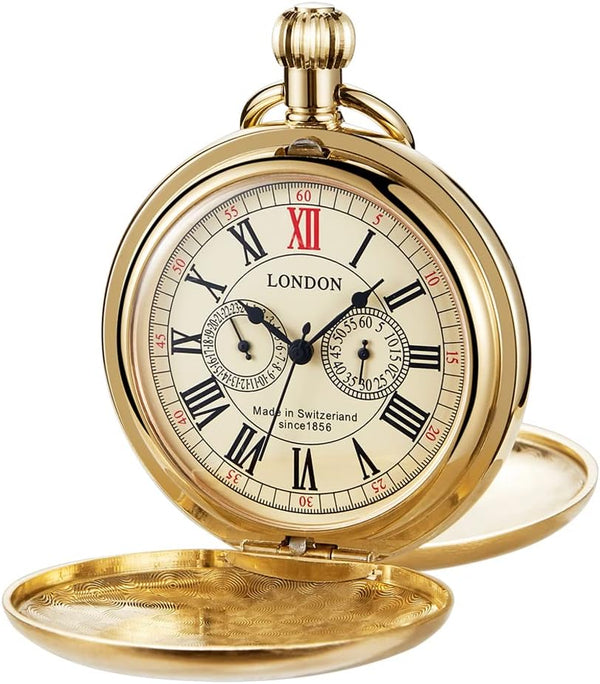 Men's Mechanical Pocket Watch with Chain, Vintage Full Copper Hand-Win