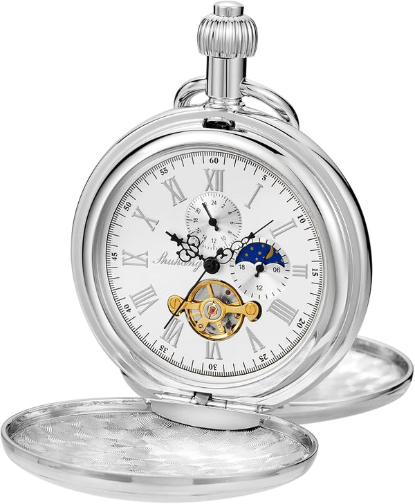 Men's Mechanical Pocket Watch with Chain, Vintage Full Copper Hand-Win