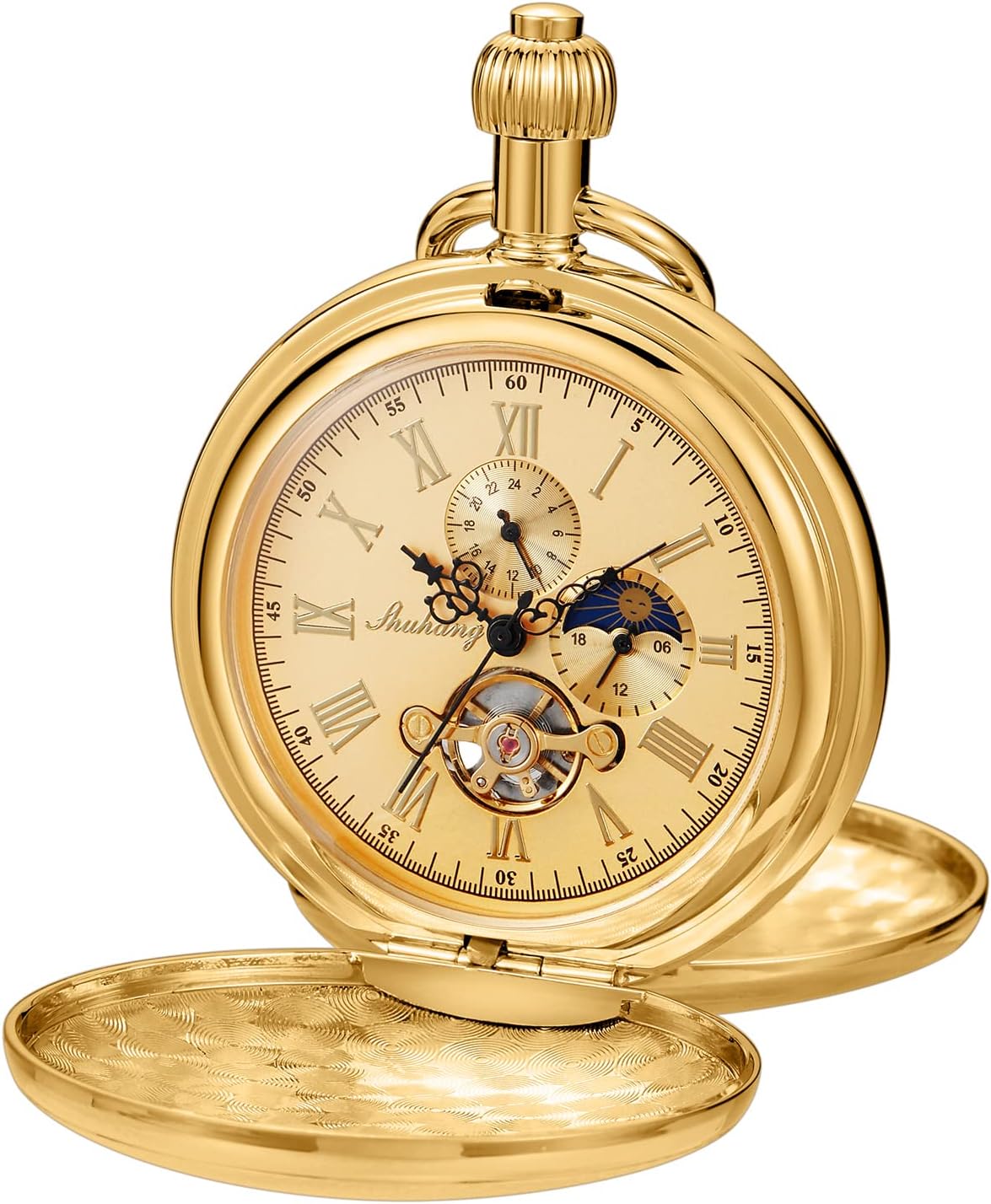 Men's Mechanical Pocket Watch with Chain, Vintage Full Copper Hand-Win
