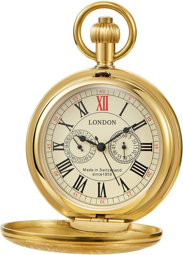 Men's Mechanical Pocket Watch with Chain, Vintage Full Copper Hand-Win