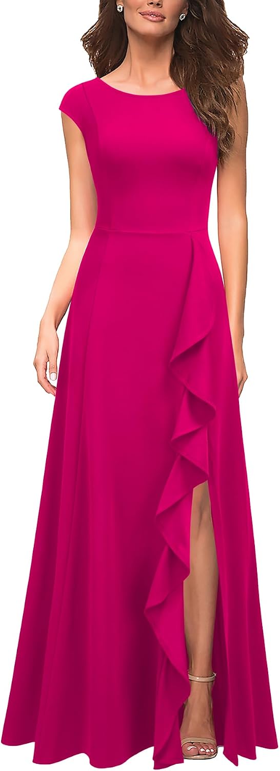 MUSHARE Women's Cocktail Dresses with Pockets Ruffled Sexy Split Party Long Formal Dress