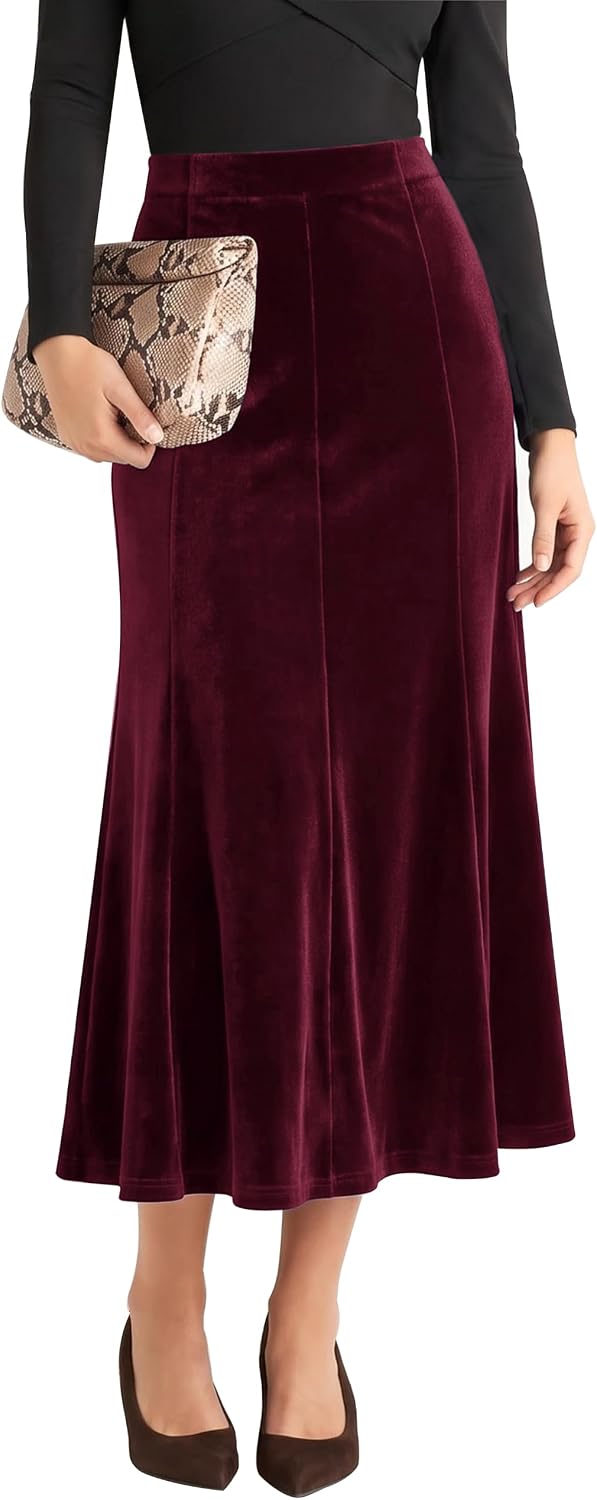 Urban CoCo Women's Velvet A-Line Midi Skirt High-Waisted Stretch