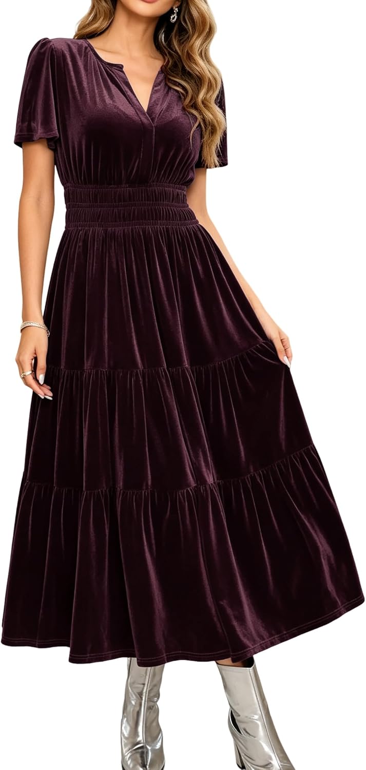 R.Vivimos Womens Fall Winter Velvet Elastic Waist Maxi Dress