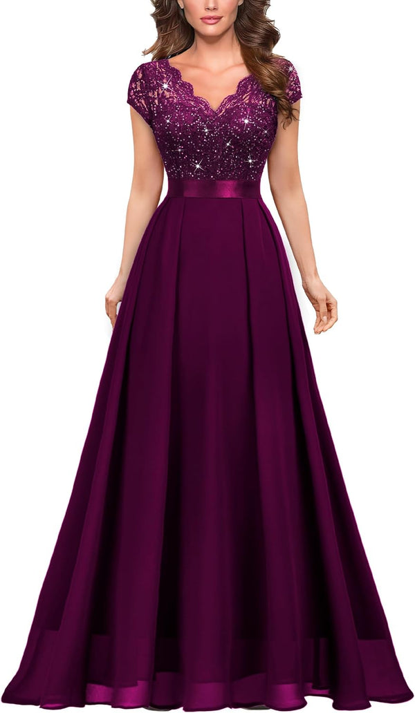 Miusol Women's V-Neck Sequined Floral Lace Formal Evening Maxi Dress