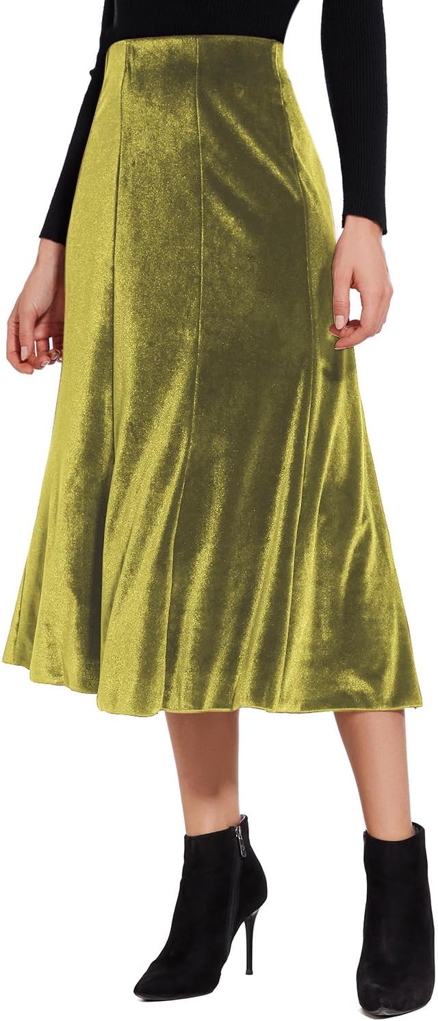 Women’s Elegant Vintage Velvet Midi Skirt Flowy 8-Panel Design