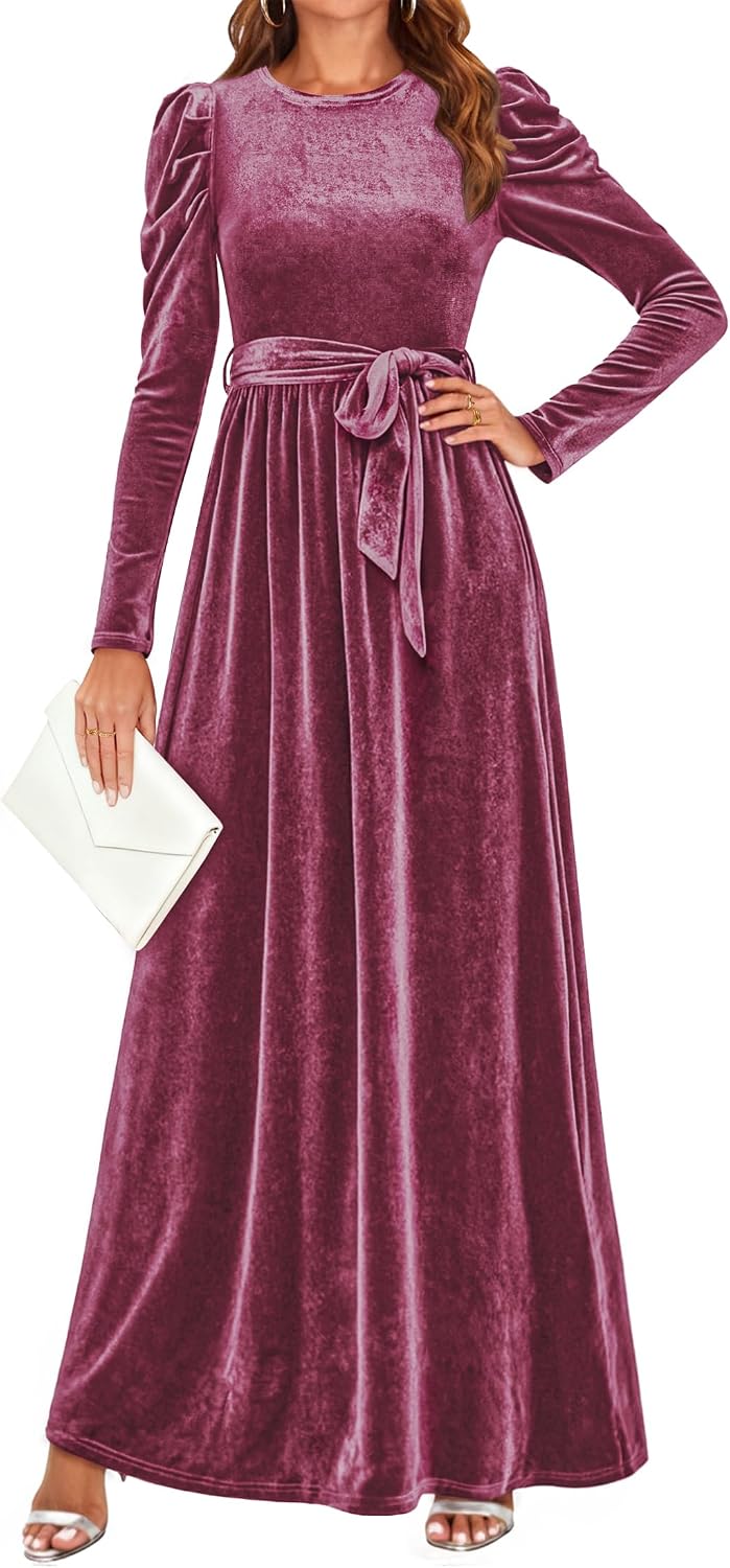 ZESICA Womens Winter Velvet Long Puff Sleeve Maxi Dress