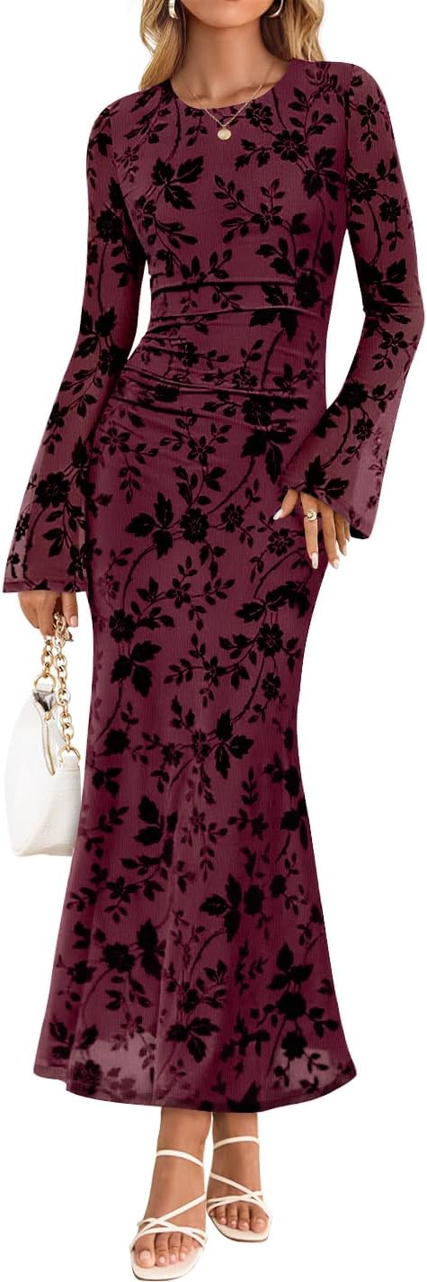 ZESICA Womens Long Sleeve Floral Fall Bodycon Ruched Mesh Maxi Formal Dress