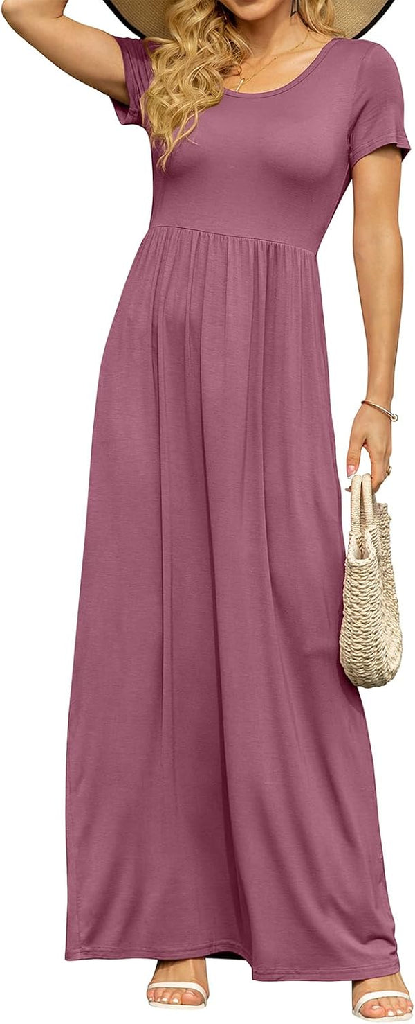 DB MOON Women's Summer Maxi Dress Casual Short Sleeve Empire Waist Pockets