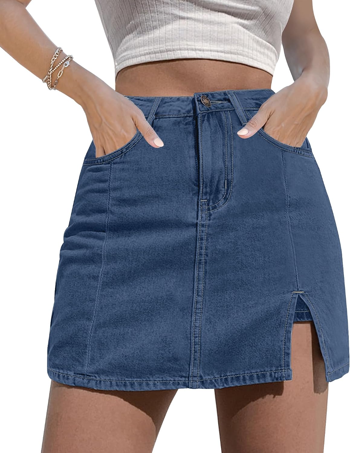 luvamia Jean Skort Women High Waisted Stretchy Denim Mini Skirt Side Slit