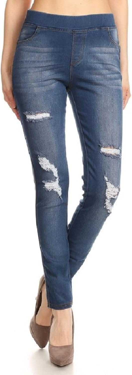 Women’s Stretch Denim Pull On Jeans With Pockets – Ripped