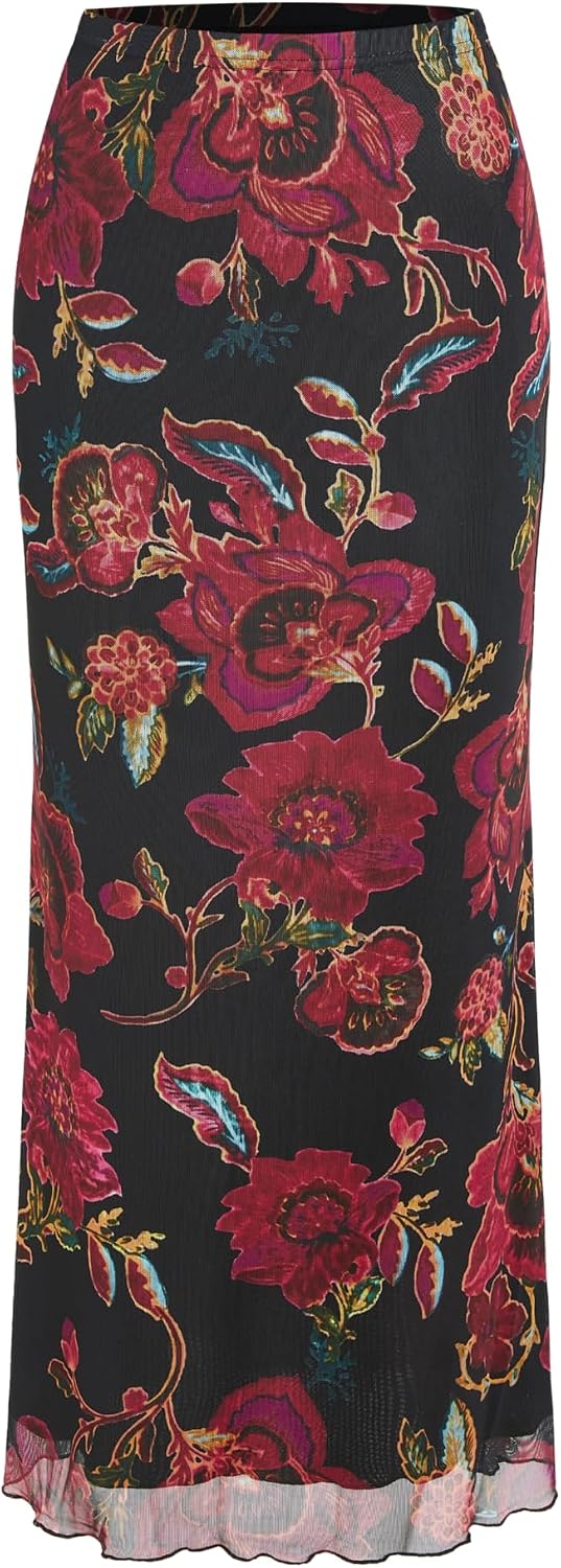CIDER Women’s Mesh Floral Boho Long Midi Skirts