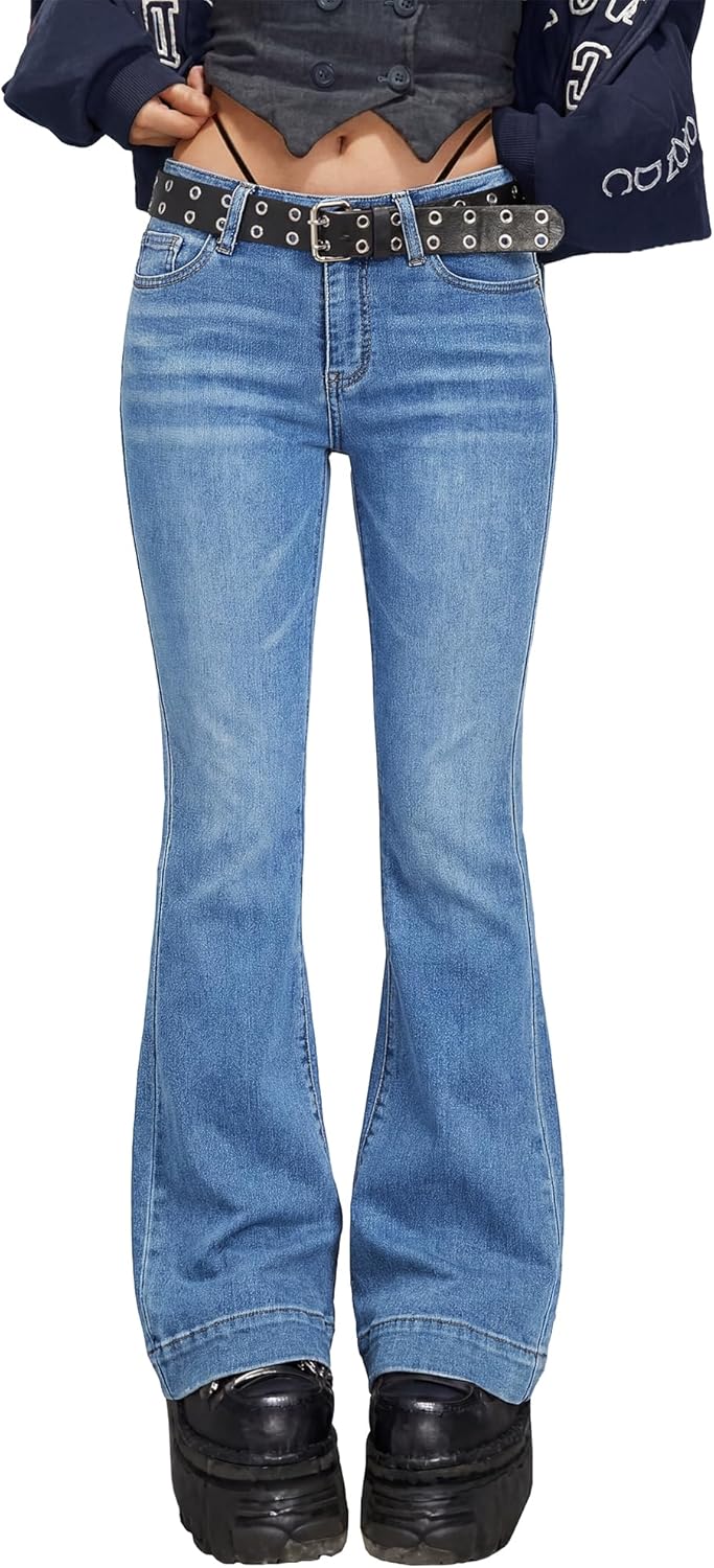 Women Bell Bottom Jeans Stretchy Flare Mid Rise Embroidery Vintage
