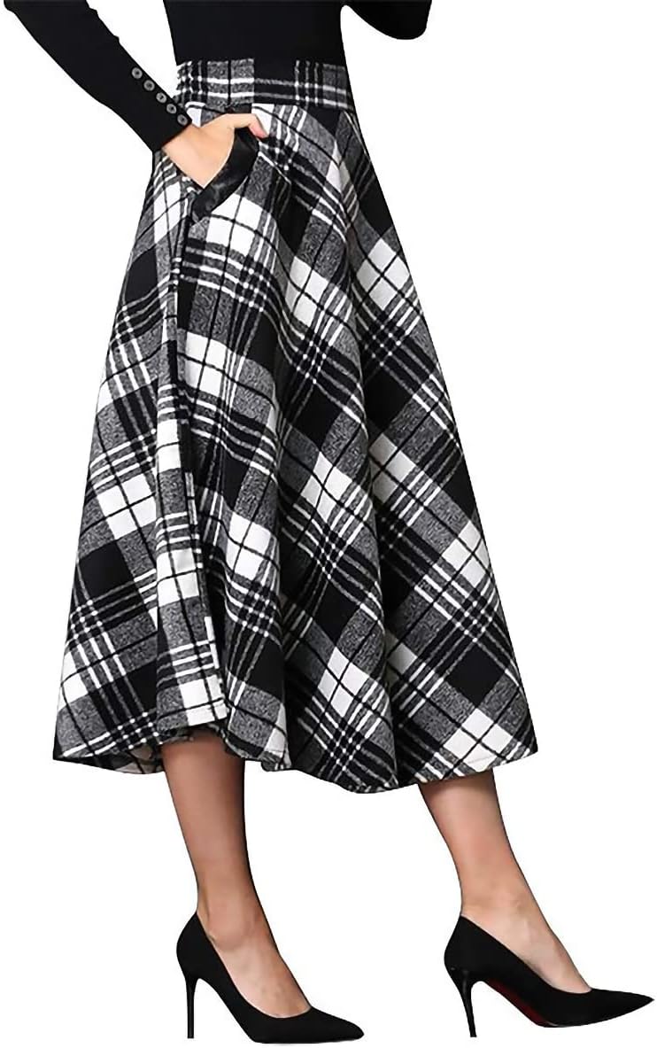 Womens Long Wool Plaid Skirt Aline High Waist Fall Winter Skirts