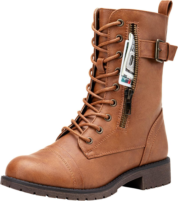 Women's Lace Up Mid Calf Combat Boots with Functional Pocket