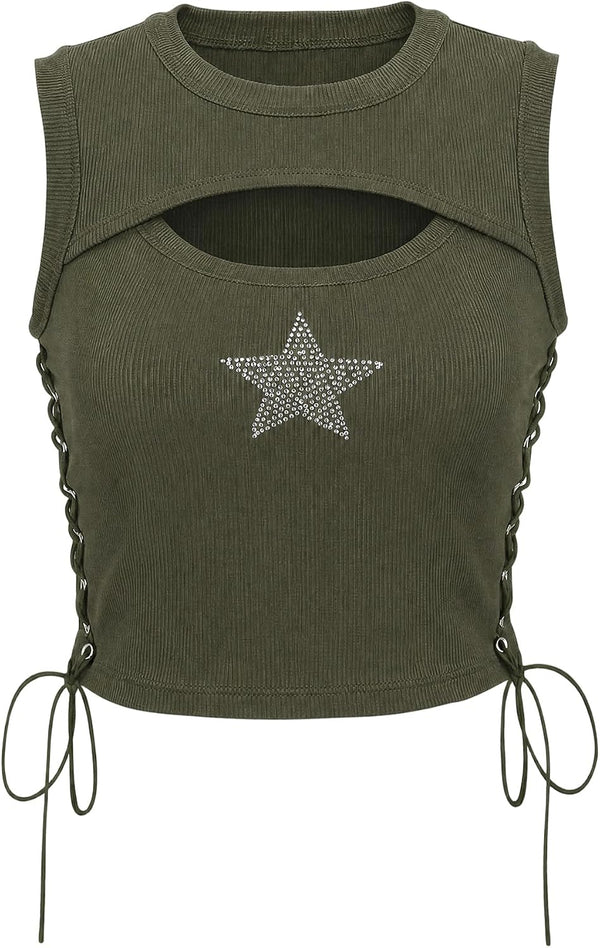 Womens Y2K Gothic Tops Star Sparkly Rhinestone Fitted Crop Tops