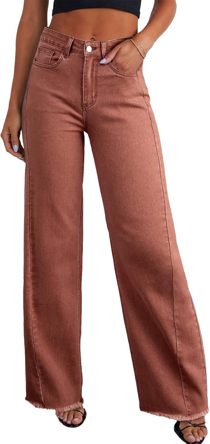 Sidefeel Women's Wide Leg Jeans High Waisted Stretchy Raw Hem