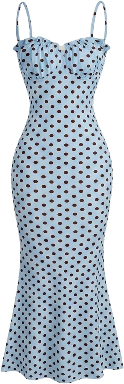 Milumia Women's Polka Dots Frill Trim Cami Dress Fishtail Maxi Dresses