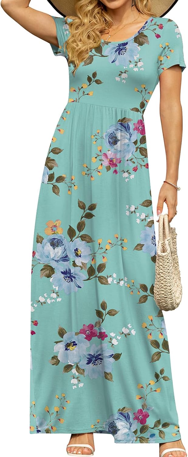 DB MOON Women's Summer Maxi Dress Casual Short Sleeve Empire Waist Pockets