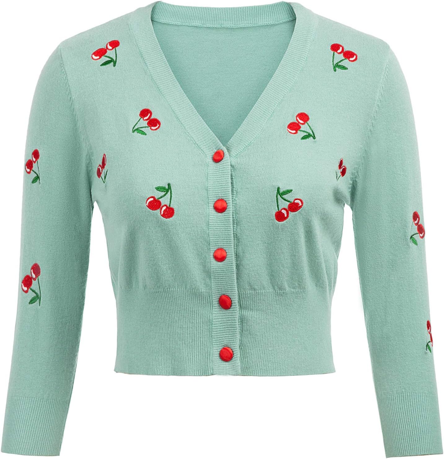 Belle Poque Women's 3/4 Sleeve V-Neck Button Down Cherries Embroidery Cropped Cardigan Sweater Coat Secondary image