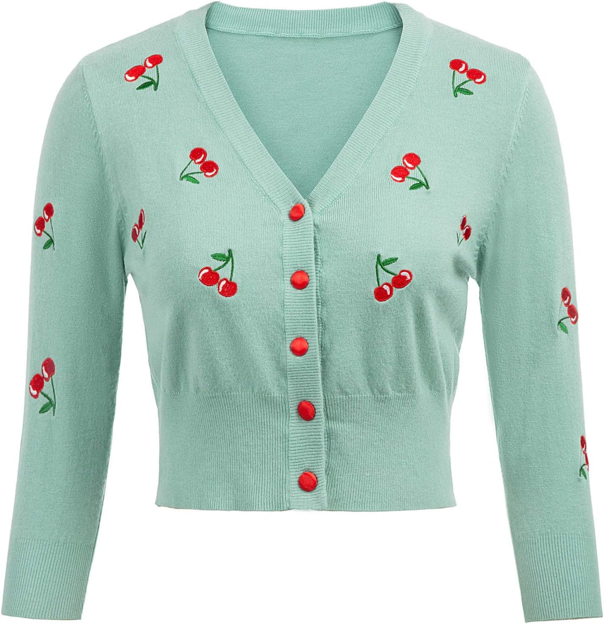 Belle Poque Women's 3/4 Sleeve V-Neck Button Down Cherries Embroidery Cropped Cardigan Sweater Coat