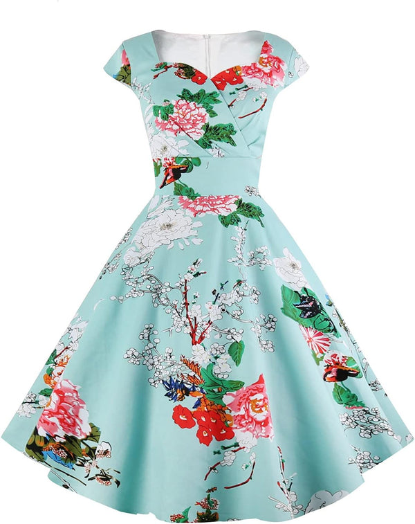 Women's Cap Sleeve 1950s Retro Vintage Cocktail Swing Dresses with Pocket