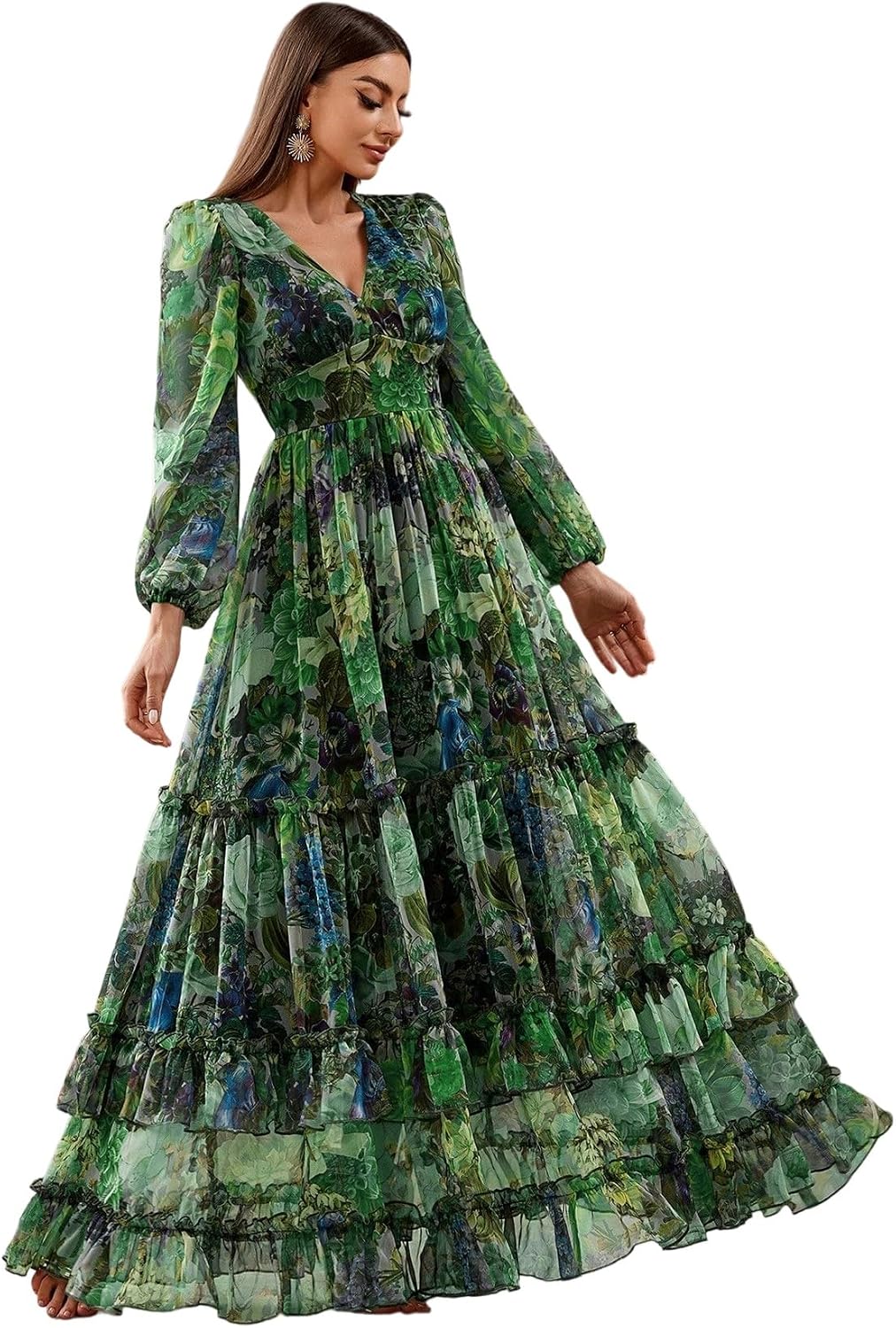 Womens Summer Dresses,Floral Patterns Vintage Elegant Cocktail Long Sleeve Boho Casual Maxi Wedding Guest Dresses for Women