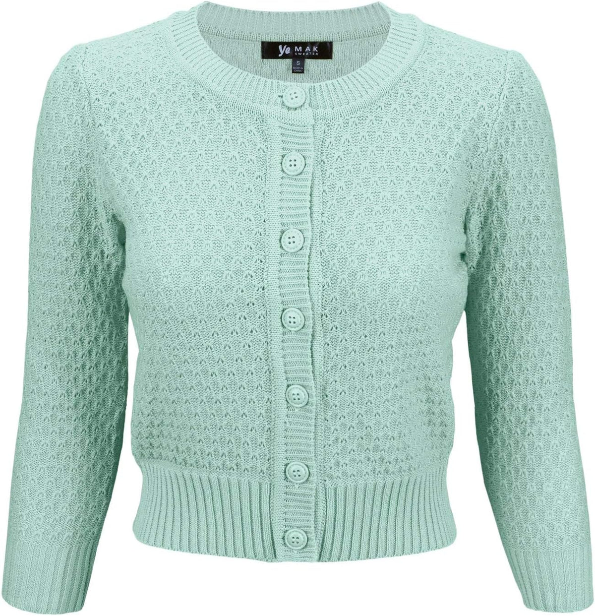 YEMAK Women's Cropped 3/4 Sleeve Crewneck Button-Down Cardigan Sweater