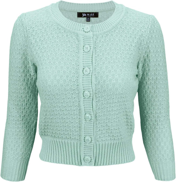 YEMAK Women's Cropped 3/4 Sleeve Crewneck Button-Down Cardigan Sweater