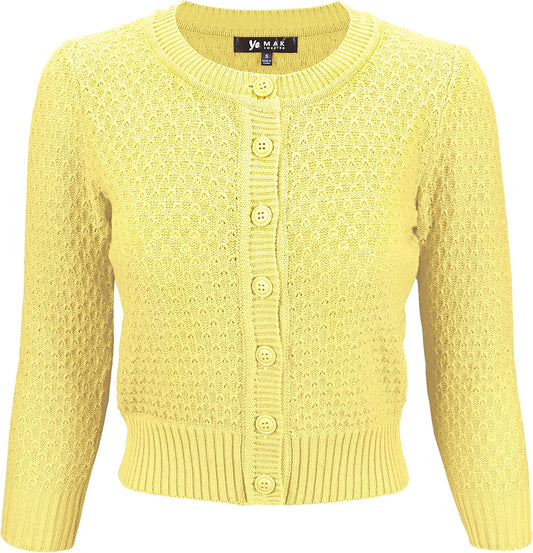 YEMAK Women's Cropped 3/4 Sleeve Crewneck Button-Down Cardigan Sweater