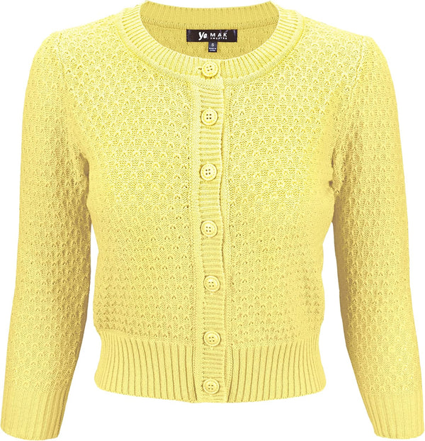 YEMAK Women's Cropped 3/4 Sleeve Crewneck Button-Down Cardigan Sweater