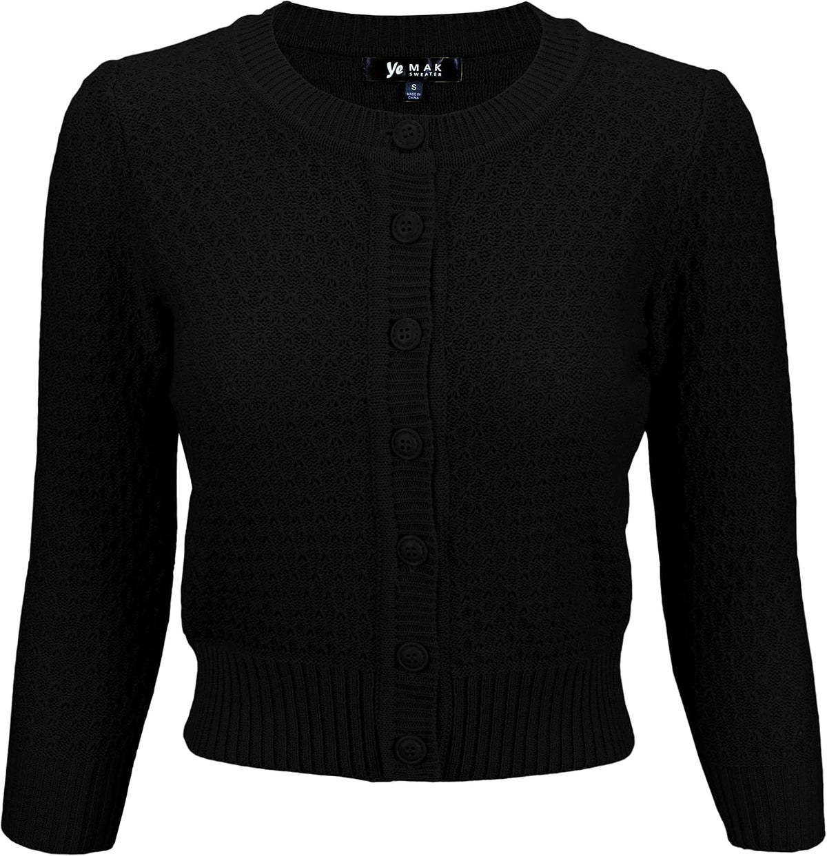 YEMAK Women's Cropped 3/4 Sleeve Crewneck Button-Down Cardigan Sweater