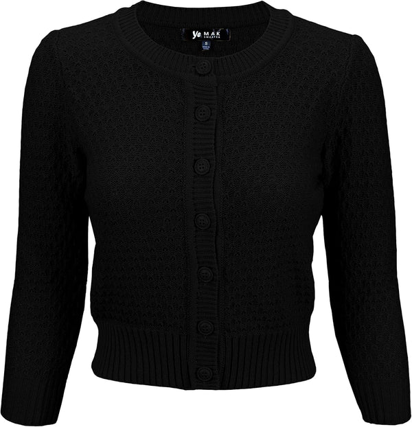 YEMAK Women's Cropped 3/4 Sleeve Crewneck Button-Down Cardigan Sweater