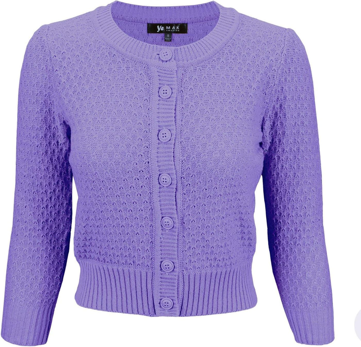 YEMAK Women's Cropped 3/4 Sleeve Crewneck Button-Down Cardigan Sweater