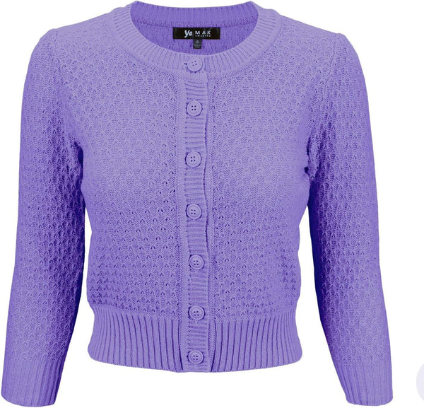 YEMAK Women's Cropped 3/4 Sleeve Crewneck Button-Down Cardigan Sweater