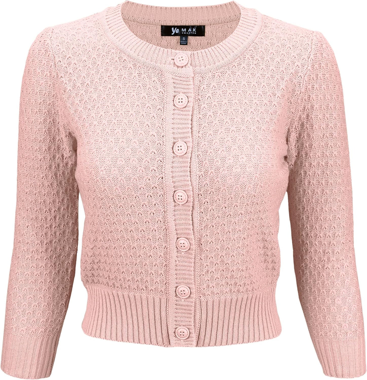 YEMAK Women's Cropped 3/4 Sleeve Crewneck Button-Down Cardigan Sweater